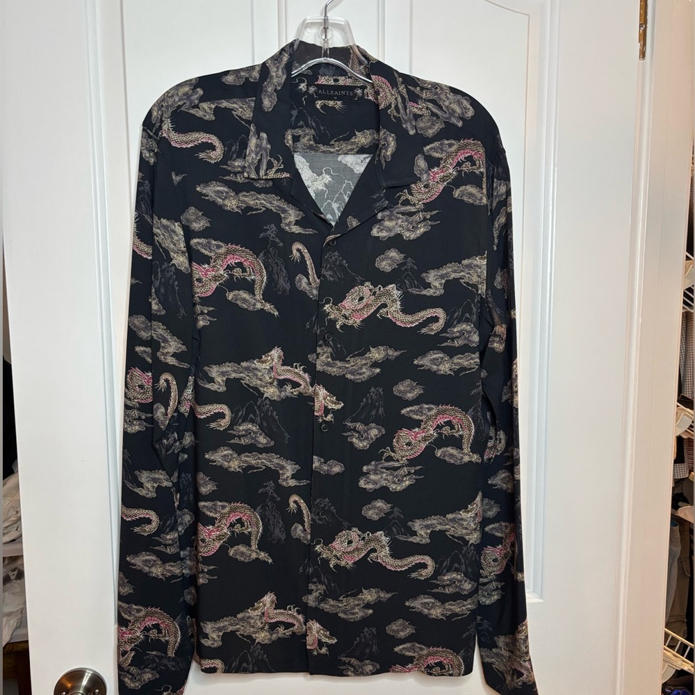 EUC AllSaints Black Mens Shirt with Beige and Pink Dragon Print size medium